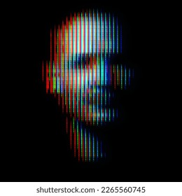 Abstract man face silhouette illustration in halftone black and white television screen pixels pattern. Glitched and corrupted halftone old CRT TVs and VHS pixel style. RGB color split effect applied