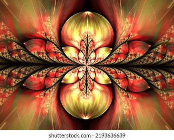 Abstract mandala or flower - computer-generated image. Fractal art: symmetrical pattern with stained glass effect. For covers, prints, web design. 3d generated