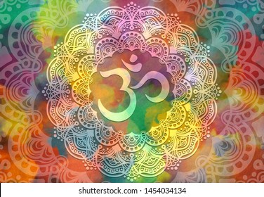 Abstract mandala graphic design and diwali om hinduism symbol with watercolor digital painting for decorative elements backgrounds
