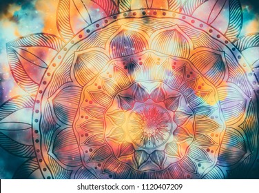 Abstract Mandala Graphic Design And Watercolor Digital Art Painting For Ancient Geometric Concept Background