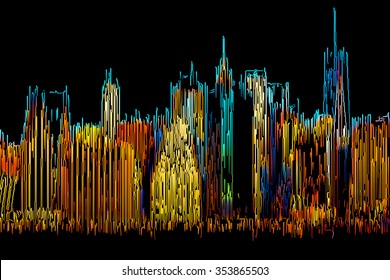 Abstract Manhattan. Morning New York City Skyline Painted By Color Lines On A Black Background