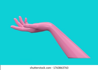 Abstract Mannequin Open Pink Hand In Duotone Style On A Blue Background. 3d Rendering