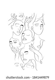 Abstract Many Woman Faces Line Art