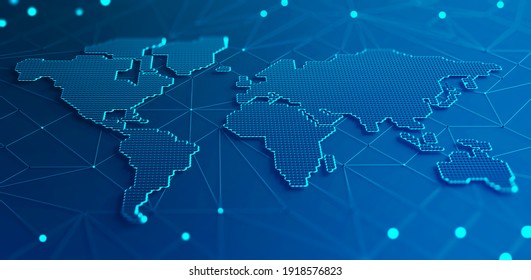 Abstract map of continents. Globalization and geopolitics in high-tech world of future. 3D illustration of communications and data exchange in a virtual network. Bright, juicy, neon colors