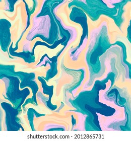 Abstract marble seamless pattern. Hand drawn acrylic illustration. Texture for print, fabric, textile, wallpaper. Colorful background in blue, pink, yellow colors.