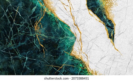 Abstract Marbled Texture, Imitation Of Dark Green And White Marble With Golden Veins, Artificial Stone Illustration, Creative Wallpaper