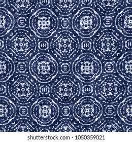 Abstract Medallion Graphic Motif Indigo-Dyed Effect Textured Background. Seamless Pattern.