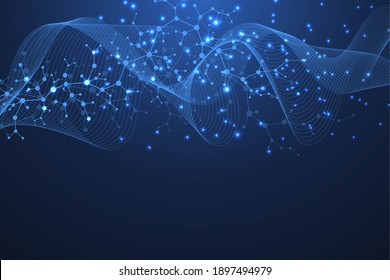 Abstract Medical Background DNA Research, Molecule, Genetics, Genome, DNA Chain. Genetic Analysis Art Concept With Hexagons, Lines, Dots. Biotechnology Network Concept Molecule, Illustration.