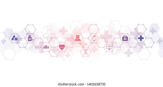 Abstract Medical Background With Flat Icons And Symbols. Concepts And Ideas For Healthcare Technology, Innovation Medicine, Health, Science And Research