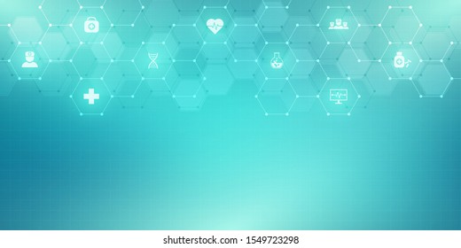 Abstract Medical Background With Flat Icons And Symbols. Template Design With Concept And Idea For Healthcare Technology, Innovation Medicine, Health, Science And Research