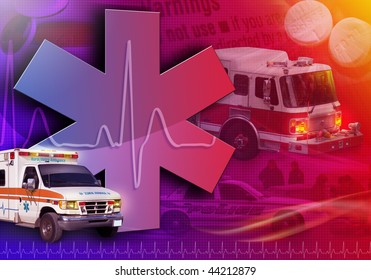 An abstract medical rescue collage with an ambulance, firetruck and police car. There is a heart beat pulse in the background with pills.