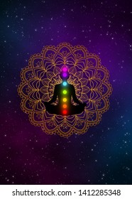 Abstract meditation man with chakras and golden mandala in the galaxy illustration design background.