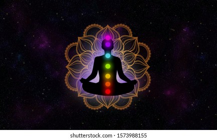 Abstract meditation man with seven chakras and luxury mandala in the galaxy illustration design background.