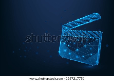 Abstract mesh line and point clapperboard. Low poly wireframe Film production concept. Polygonal filmmaking, movie director equipment illustration.