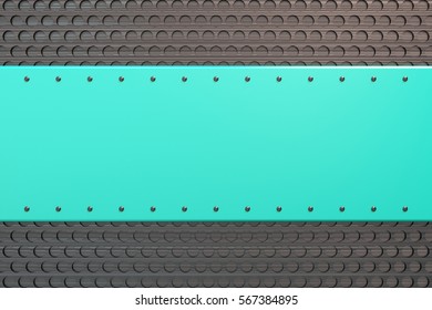 Abstract metal banner. Rectangular colored plate with rivets on circular grille background. 3D render illustration