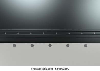 Abstract metal banner. Rectangular white plate on black background with rivets. 3D render illustration