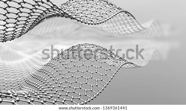 Abstract metal mesh in shape of wave. 3d metal\
mesh consist of hexagons. Graphene molecular grid. Neural\
network.3d\
render