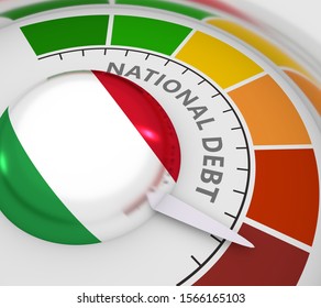 Abstract  meter read high level of national debt result. Color scale with arrow from red to green. The measuring device icon. Colorful infographic gauge element. 3D rendering. Flag of Italy