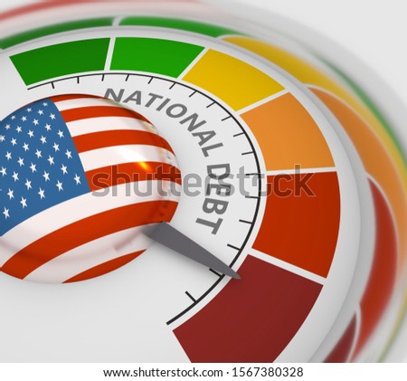 Abstract  meter read high level of national debt result. Color scale with arrow from blue to red. The measuring device icon. Colorful infographic gauge element. 3D rendering. Flag of USA
