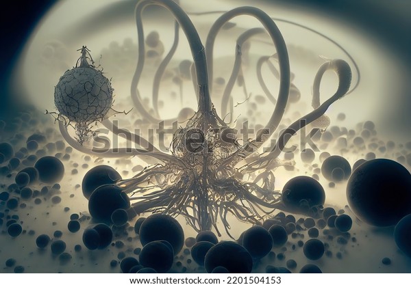 Abstract microbiology\
background,  microscopic view of organic substance, microorganism\
or cells, macro. Microbiology concept. Scientific background. 3D\
illustration.\
