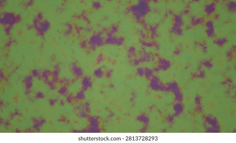 Abstract microscopicstyle view featuring a textured background dominated by bright green hues interspersed with irregular purple and dark blotches, suggesting a corroded surface, biological sample, or chemical reaction pattern with a grungy, weathered aesthetic.