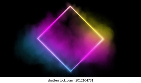 Abstract Minimal Background With Pink Blue Yellow Neon Light Square Frame With Copy Space, Illuminated Stormy Clouds, Glowing Geometric Shape.