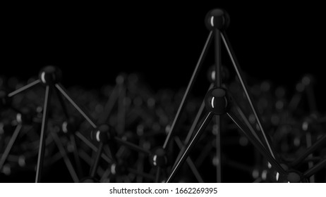 Abstract minimal balck background in empty space. Technology network node concept. Black chaotic atoms, DNA or molecule. 3D Render