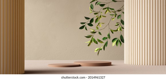 Abstract Minimal Interior For Cosmetic Object Placement, Product Display Background With Tree Branch, 3d Rendering Scene