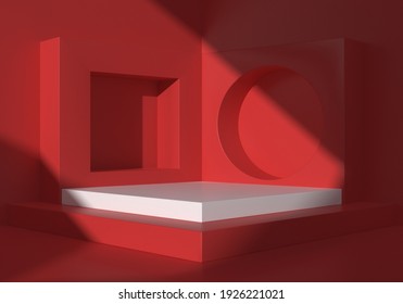 Abstract Minimal Red Color Geometric Shape Background, Showcase Mockup For Podium Display, 3d Rendering