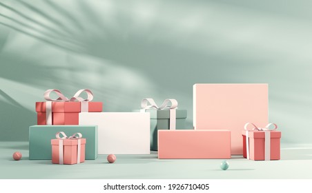 Abstrakte minimale Szene kosmetischen pastellfarbenen Hintergrund mit Geschenkbox für die Produktpräsentation. Tropische Blätter natürlichen Schatten auf weißem Wände Textur Hintergrund, Frühling und Sommer saisonale, 3D-Rendering.
