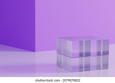 Abstract Minimalistic Background With Geometric Shapes, Podium Glass Cube On Purple Background. Beauty Mockup For Advertising Cosmetic Products