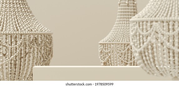 Abstract Mockup Background For Product Presentation. Beaded Chandelier And Podium On Beige Background. 3d Rendering Illustration. Clipping Path Of Each Element Included.