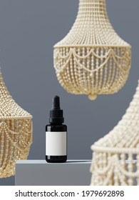 Abstract Mockup Background For Product Presentation. Beaded Chandelier, Cosmetic Bottle And Podium On Grey Background. 3d Rendering Illustration. Clipping Path Of Each Element Included.