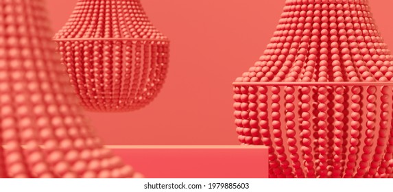 Abstract Mockup Background For Product Presentation. Beaded Chandelier And Podium On Coral Background. 3d Rendering Illustration. Clipping Path Of Each Element Included.