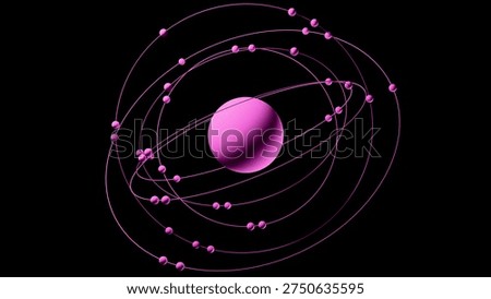 Abstract model of an atom or star system with a central object (the nucleus of an atom, star) and secondary objects (electrons, planets) with orbits on a transparent background.	