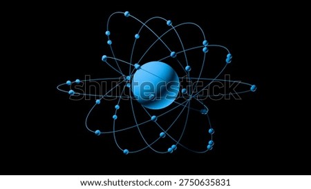 Abstract model of an atom or star system with a central object (the nucleus of an atom, star) and secondary objects (electrons, planets) with orbits on a transparent background.