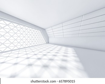 Abstract Modern Architecture Background, Empty White Open Space Interior With Windows And Concrete Walls. 3D Rendering