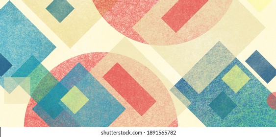Abstract modern background in blue green red and yellow beige colors and contemporary diamond rectangle square and block shapes layered in random geometric art pattern with fine texture