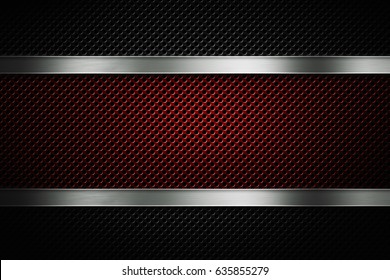 Abstract modern black and red colored perforated metal plate with polished metal plate banner, place for text in center, material design for background, wallpaper, graphic design