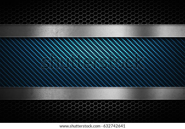 Abstract modern blue carbon fiber with\
grey perforated metal and polish metal plate textured material\
design for background, wallpaper, graphic\
design