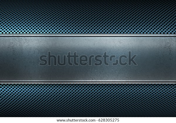 Abstract modern\
blue colored perforated metal plate with polished metal plate\
banner, place for text in center, material design for background,\
wallpaper, graphic\
design