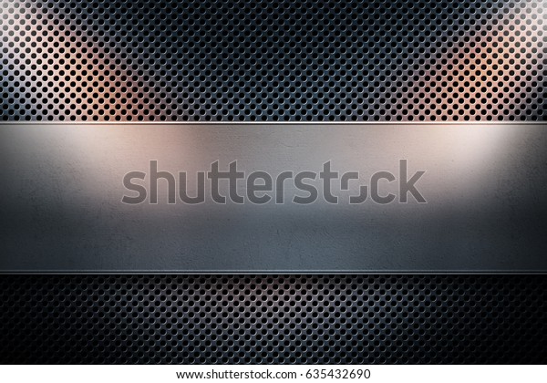 Abstract modern blue colored perforated metal\
plate with polished metal plate banner, place for text in center\
and two yellow spotlights on the sides, material design for\
background, graphic\
design
