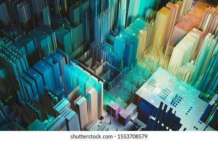 Abstract Modern City, PCB, Big Data Background. Colorful Block With Small Light, 3D Render
