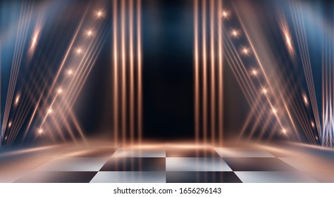 Abstract modern dark background. Dark empty scene with rays and spotlights. Night abstract blue background with golden light. Neon light, reflection.