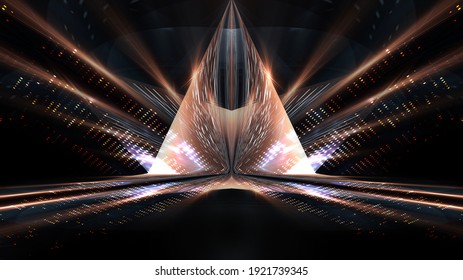 Abstract Modern Dark Background With Rays And Lines. Dark Empty Scene. Night Abstract Background With Golden Light. Neon Light, Symmetric Reflection. Gold Luxury Background. 3D Illustration. 