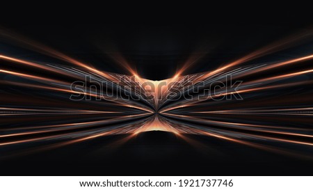 Abstract modern dark background with rays and lines. Dark empty scene. Night abstract background with golden light. Neon light, symmetric reflection. Gold luxury background. 3D illustration. 