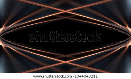 Abstract modern dark background with rays and lines. Dark empty scene. Night abstract background with golden light. Neon light, symmetric reflection. Gold luxury background. 3D illustration. 