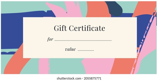 Abstract modern gift certificate template birthday wedding anniversary gift voucher. Arty brushstrokes pattern quirky stylish tropical color pink coral turquoise navy blue. Copy space light background - Powered by Shutterstock