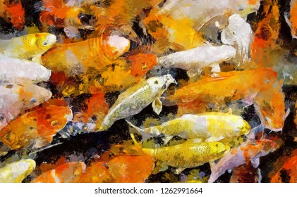 abstract modern oil painting of Japanese Koi fishes. Decoration for the interior. collection of designer animal oil painting.