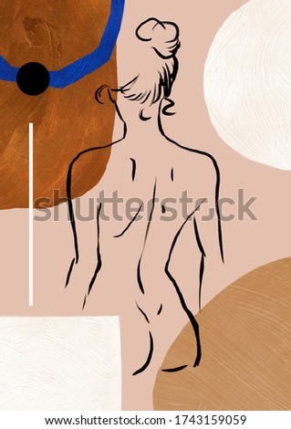 Abstract modern printable poster with 
linear female figure and abstract shapes. Trendy abstract illustration.
